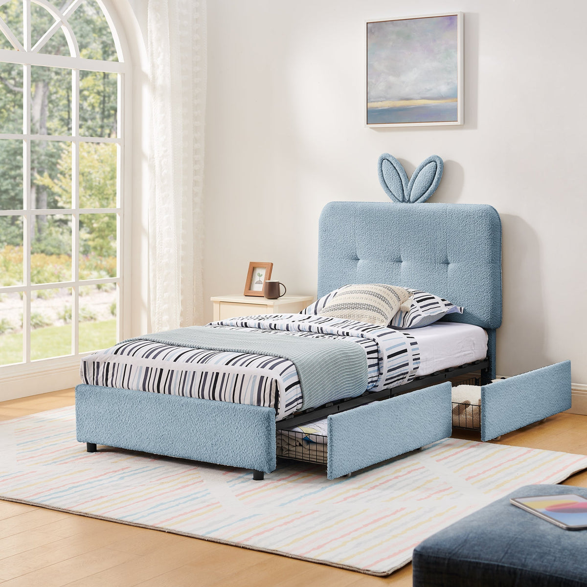 Twin Size Kids Upholstered Bed with Rabbit Ear Headboard & Storage - White Boucle