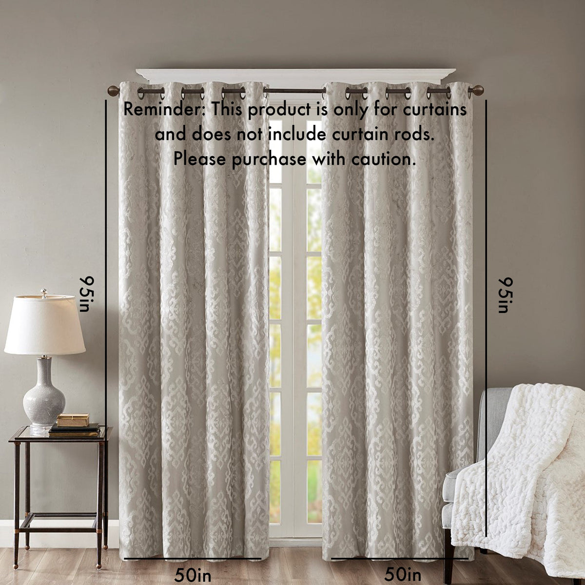 Knitted Jacquard Damask Total Blackout Curtain Panel with Silver Grommets - Silver