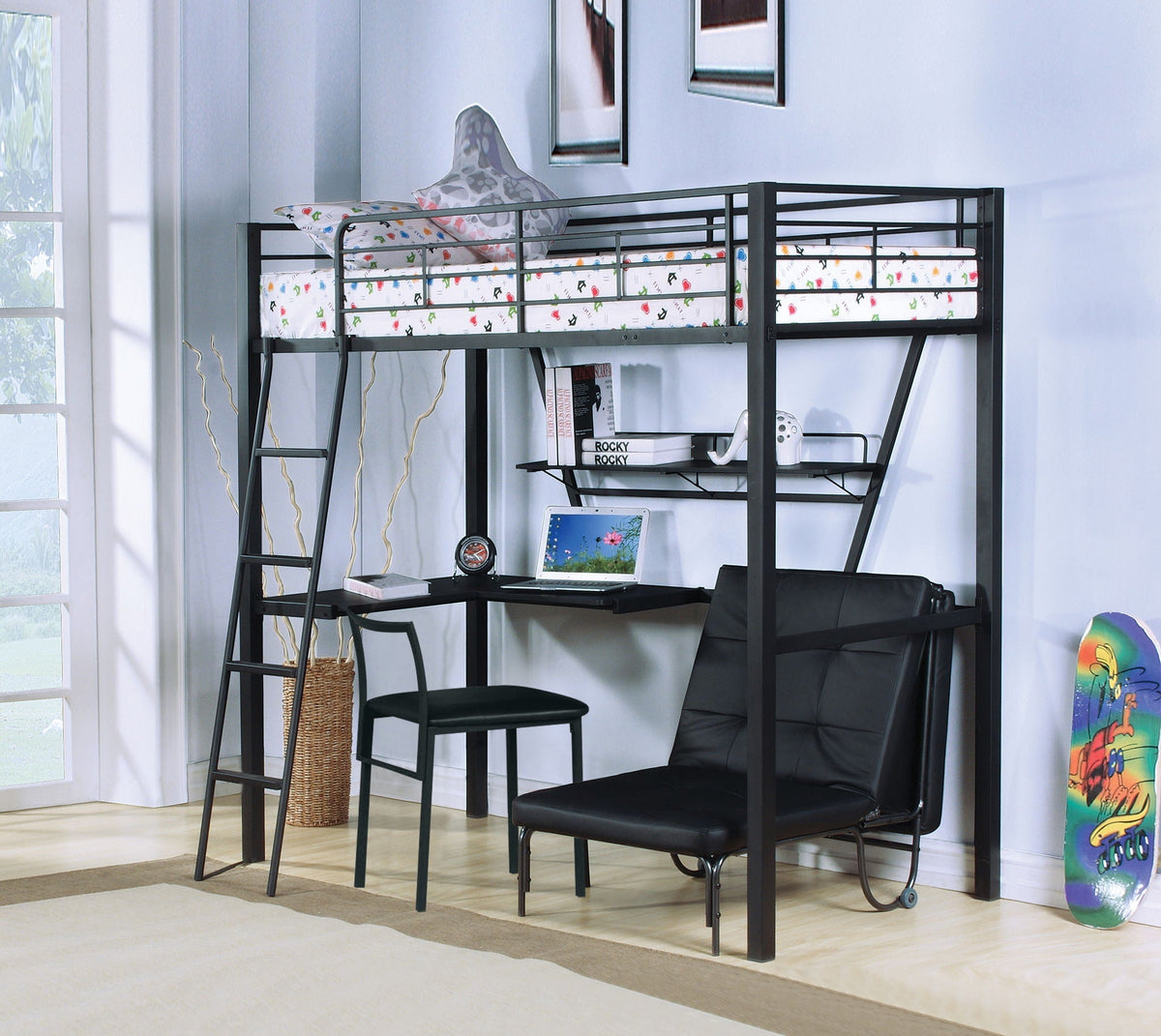 Senon Twin Loft Bed with Desk - Black and Silver