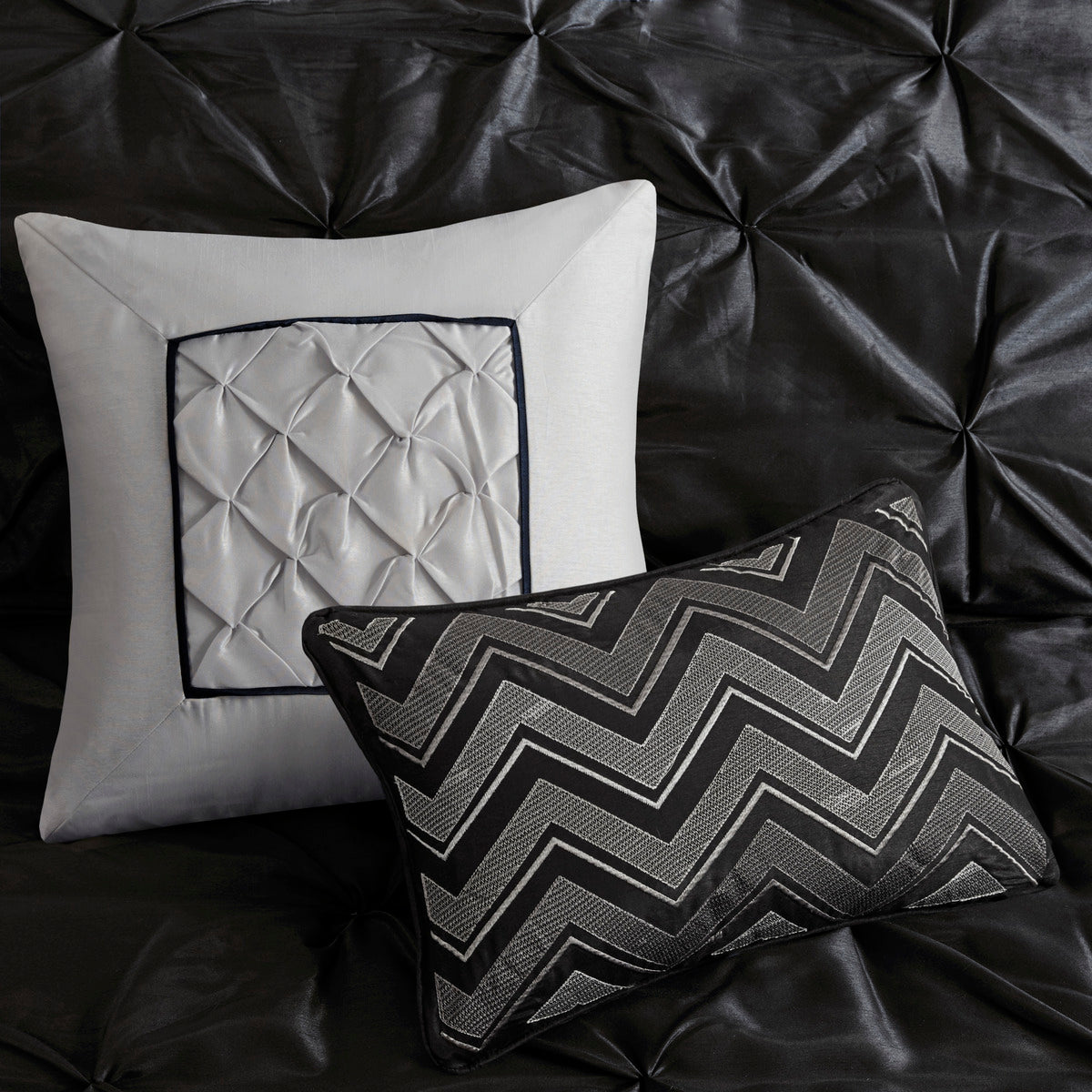 Black 7 Piece Tufted Comforter Set with Embroidered Details - King