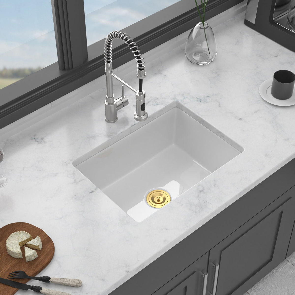 Rectangular Deep Single Bowl Kitchen Sink with Scratch-Resistant Glaze - White