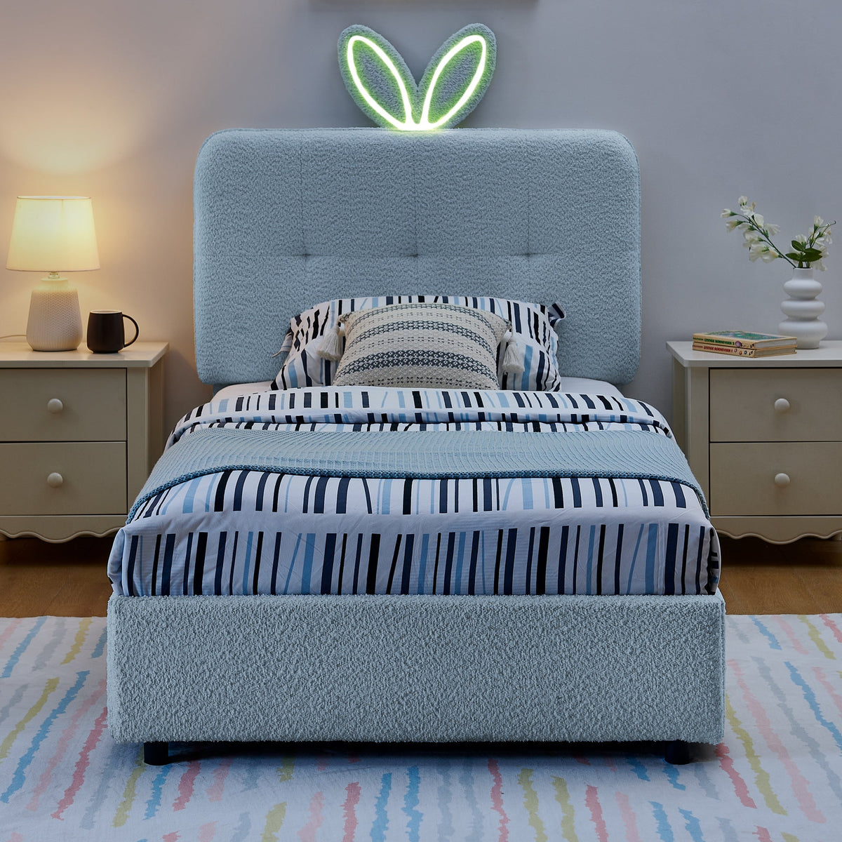 Twin Size Kids Upholstered Bed with Rabbit Ear Headboard & Storage - White Boucle