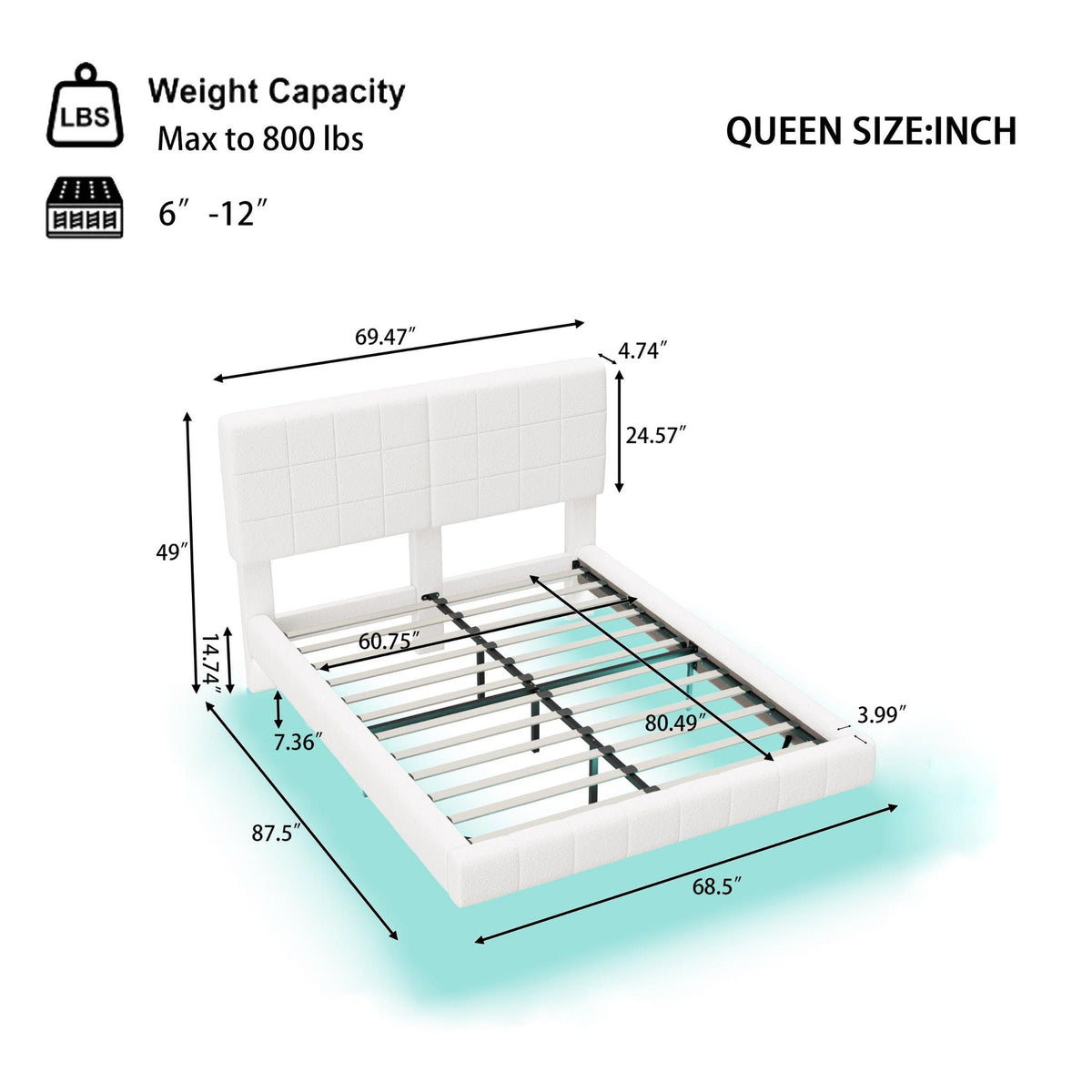 Floating Upholstered Bed with Light Strip - White