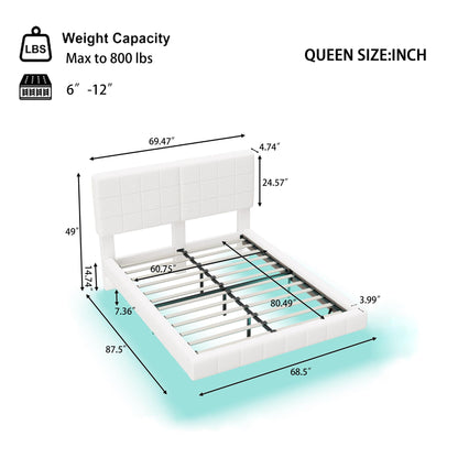 Floating Upholstered Bed with Light Strip - White