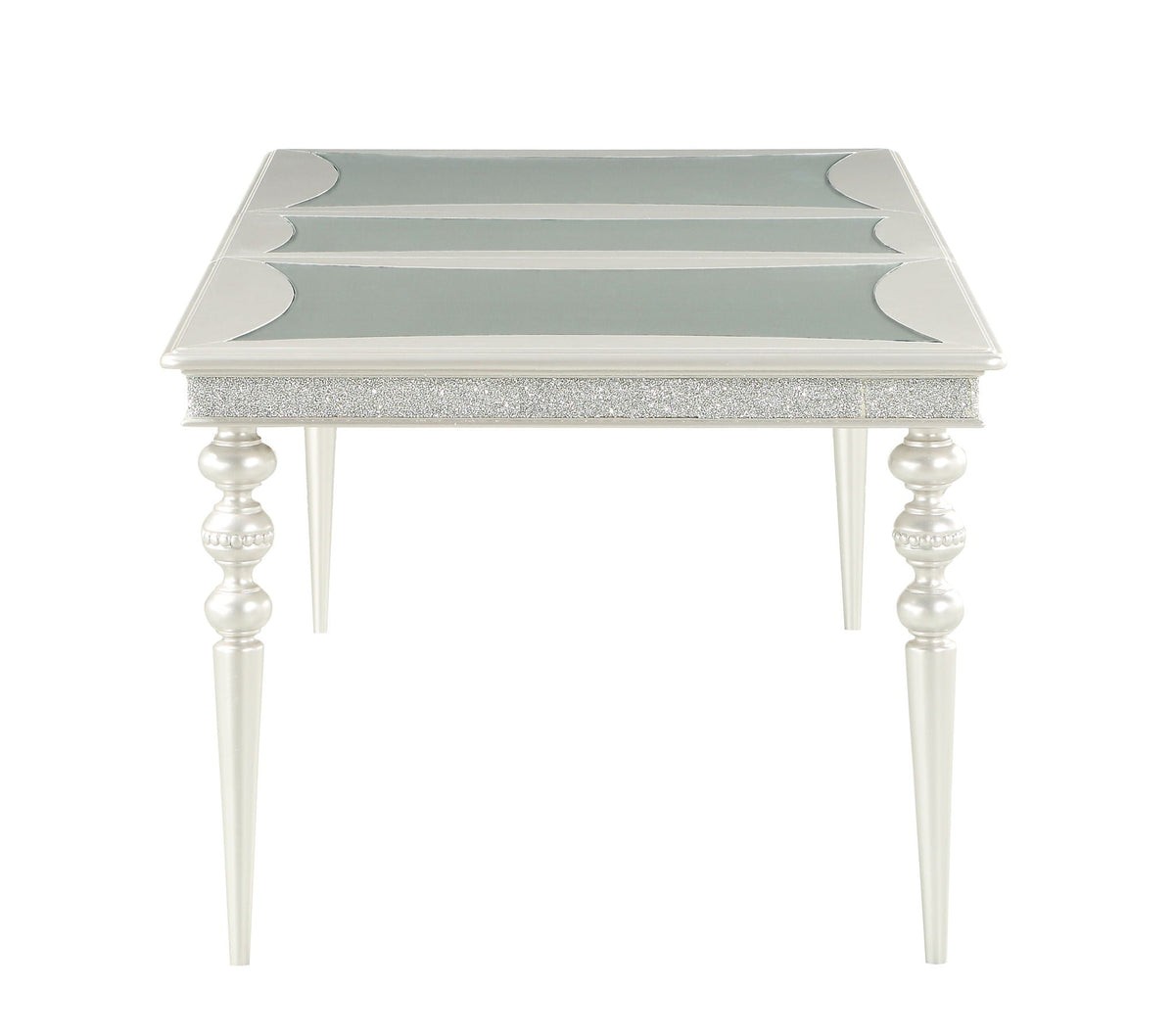 Silver Maverick Dining Table with Wood Top and Mirrored Inserts