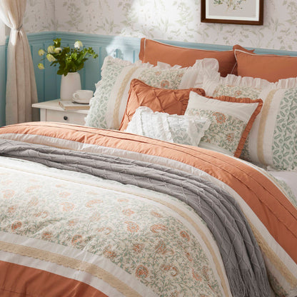 Coral Cotton Percale Comforter Set with Pintucking and Lace Taping - Queen