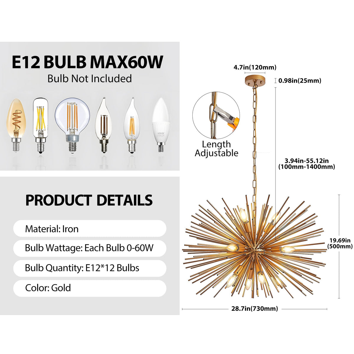 Gold 12-Light Mid-Century Modern Starburst Chandelier with Adjustable Chain