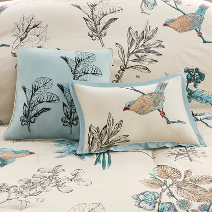 Khaki Printed Cotton Twill King Comforter Set with Embroidery - 7 Piece