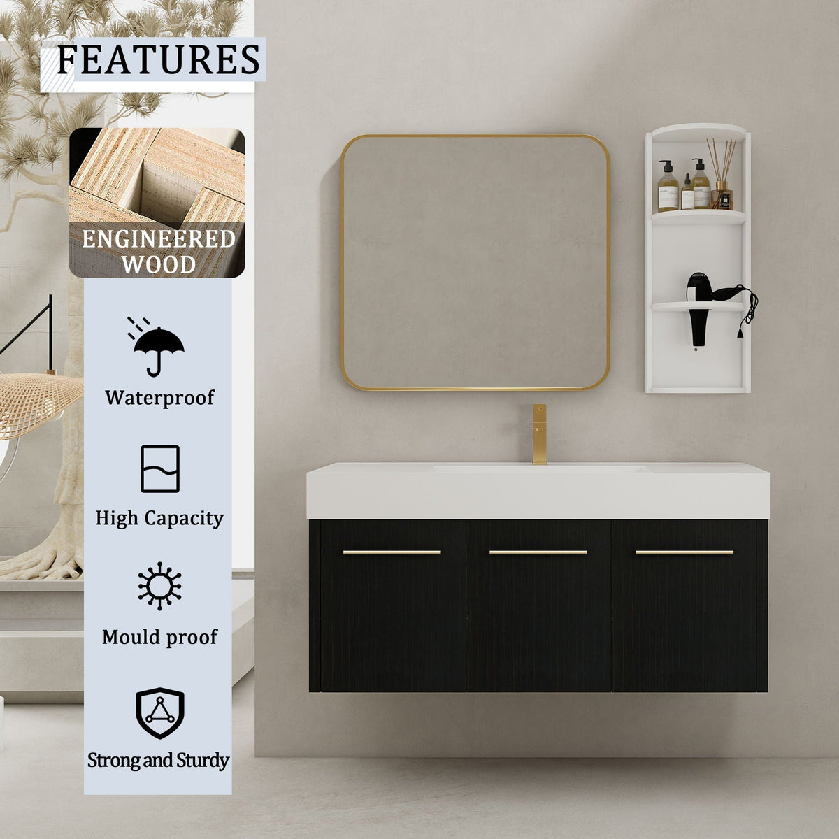 Modern Wall Mounted Bathroom Vanity with Resin Sink - Black