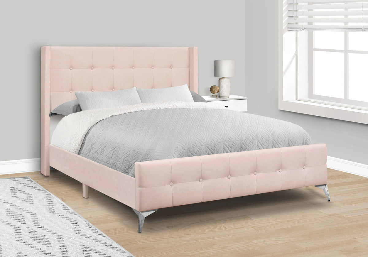 Queen Size Upholstered Bed with Tufted Headboard - Pink