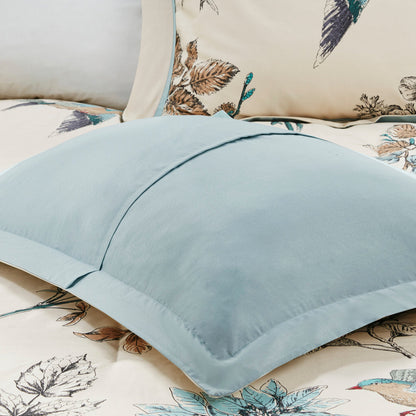 Khaki Printed Cotton Twill King Comforter Set with Embroidery - 7 Piece