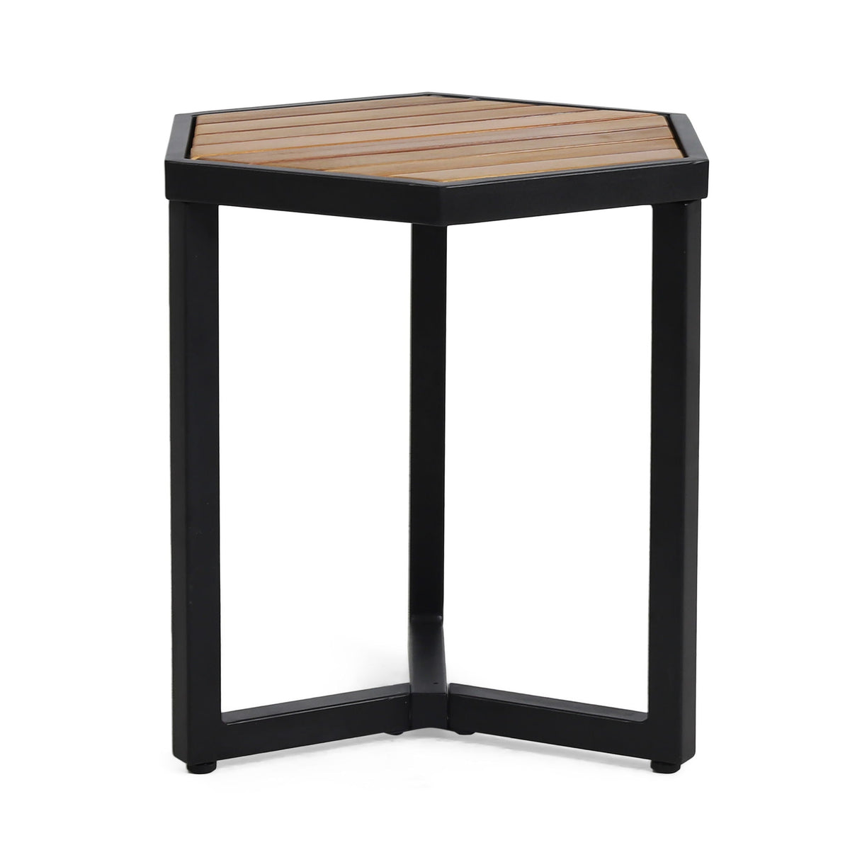 Outdoor Side Table with Iron Base and Wooden Slatted Top - Brown