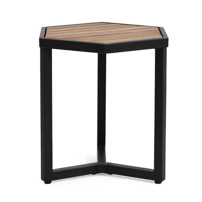 Outdoor Side Table with Iron Base and Wooden Slatted Top - Brown