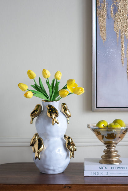 White Two-Tiered Ceramic Vase with Gold Bird Accents - 14" Height