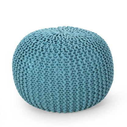 Knitted Round Pouf Ottoman with Pumpkin Shape - Light Blue or Dark Brown