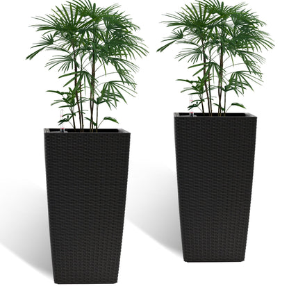 Square Planters with Automatic Watering System - Faux Rattan, Pack of 2
