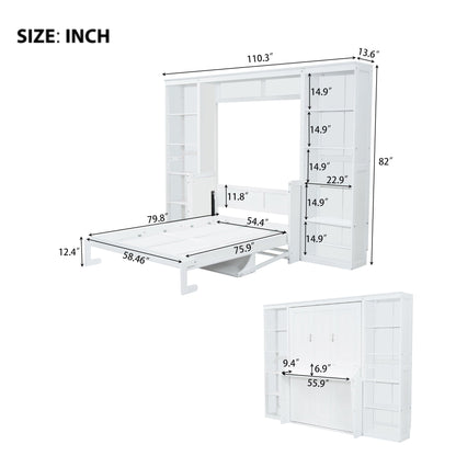 Murphy Bed With Desk and Bookshelf with Solid Pine Wood - White