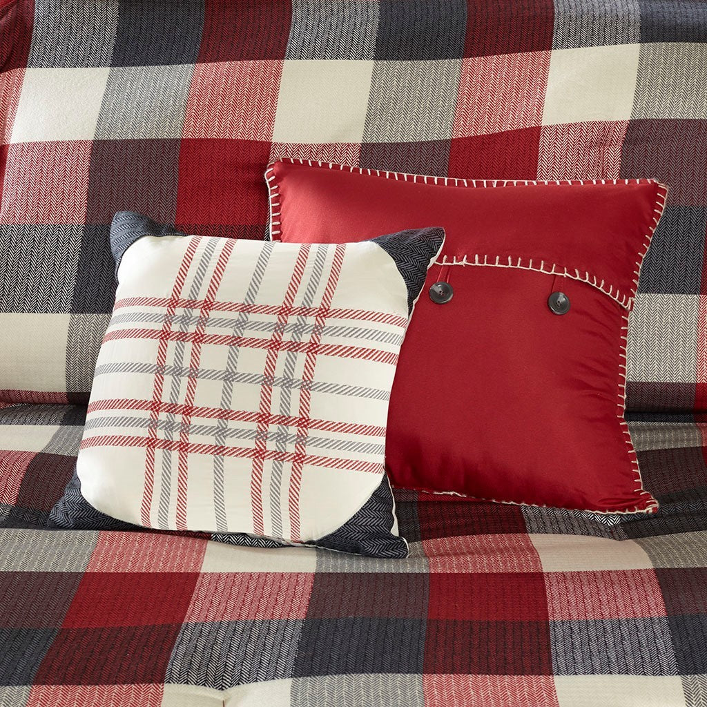 Red Herringbone King Comforter Set with Buffalo Plaid Pattern - 7 Piece