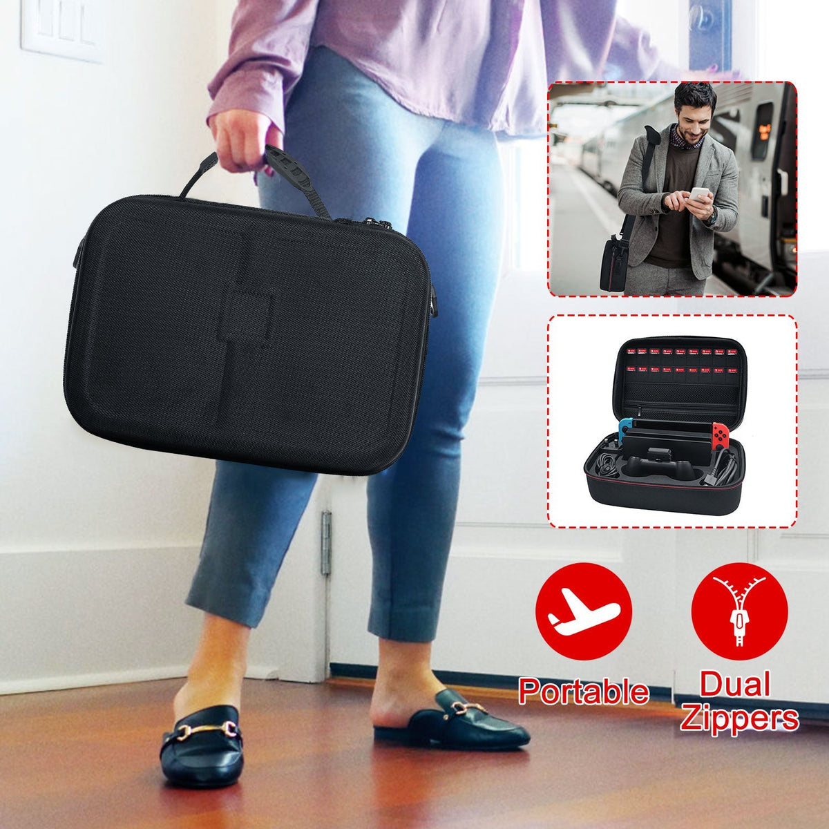Portable Deluxe Carrying Case for Nintendo Switch Protected Travel Case w/ Rubberized Handle Shoulder Strap
