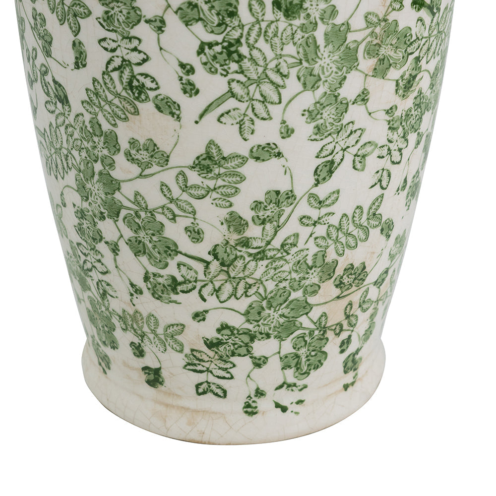 White Ceramic Flower Vase with Green Floral Pattern - 14.6 In