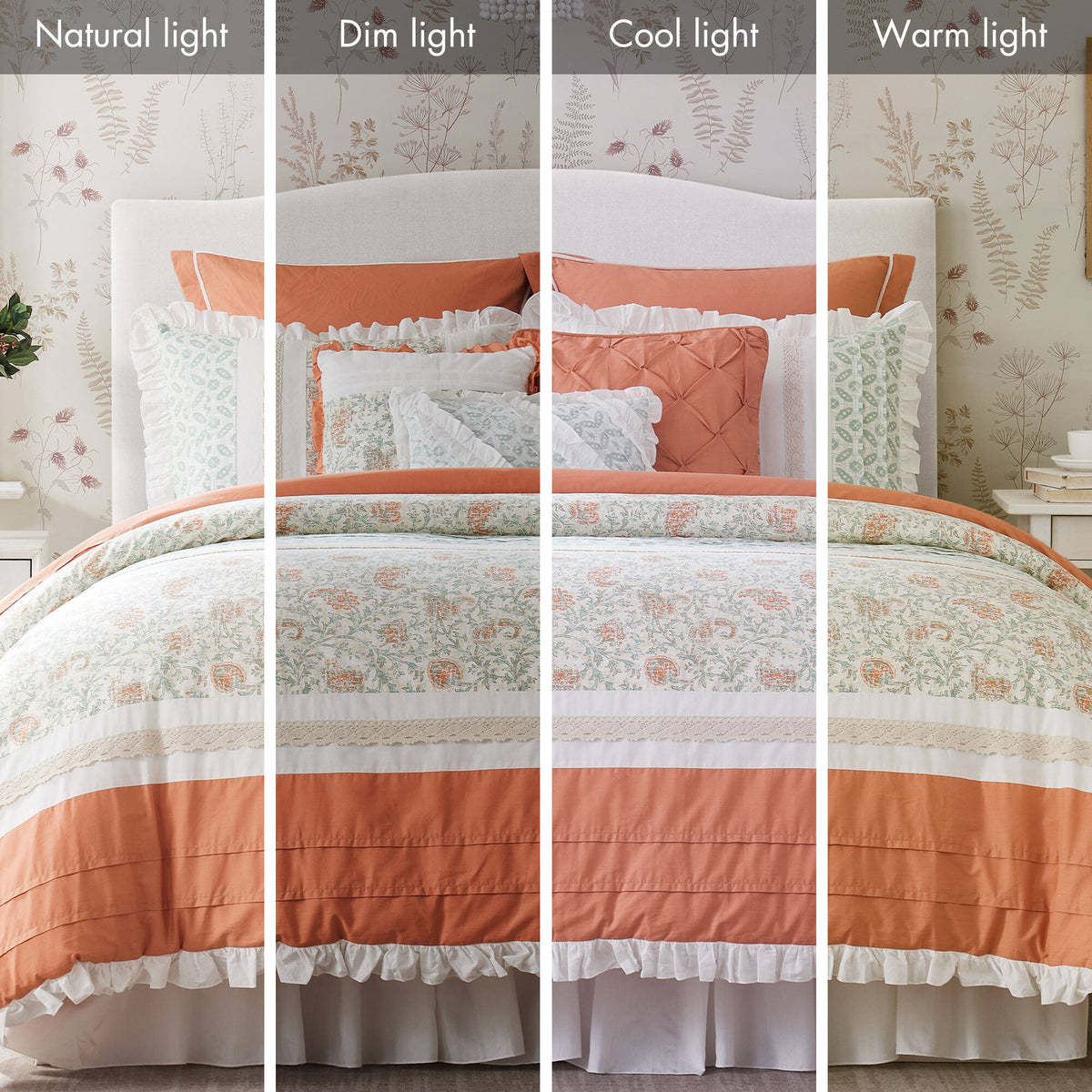 Coral Cotton Percale Comforter Set with Pintucking and Lace Taping - Queen
