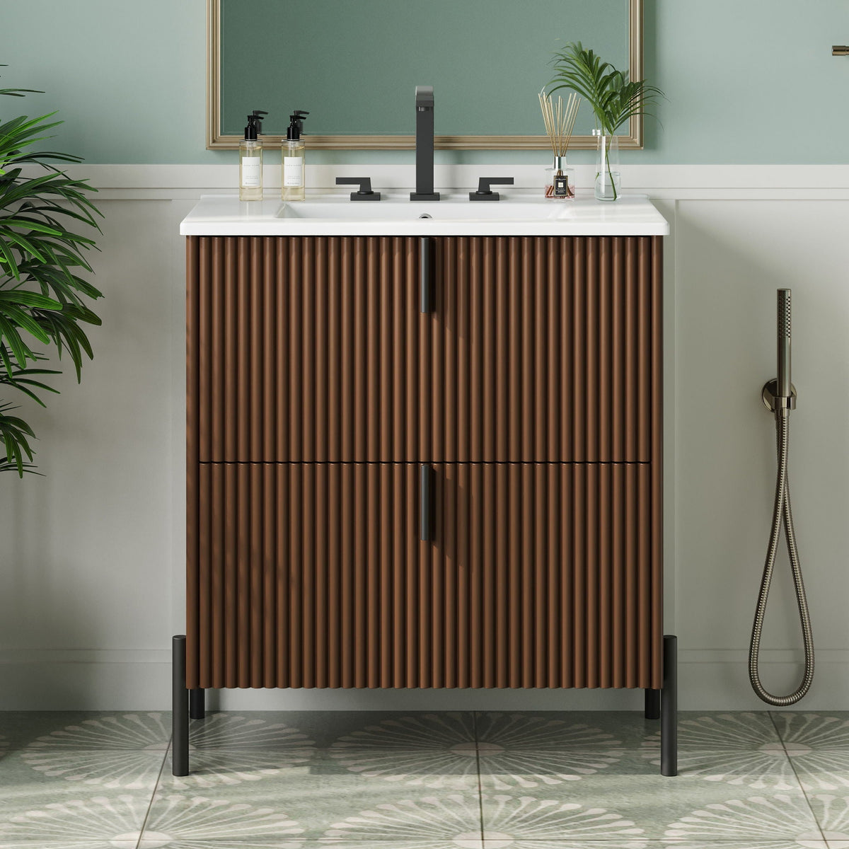 Fluted Bathroom Vanity with Ceramic Sink - Freestanding Wood Design