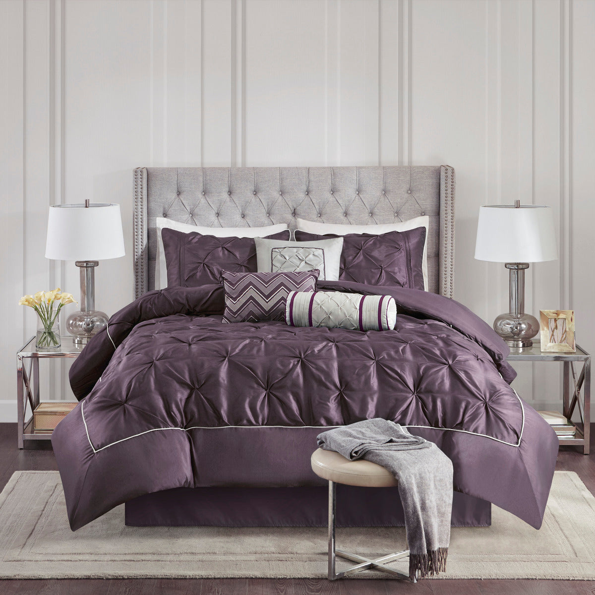 7 Piece Tufted Comforter Set in Plum for King Beds