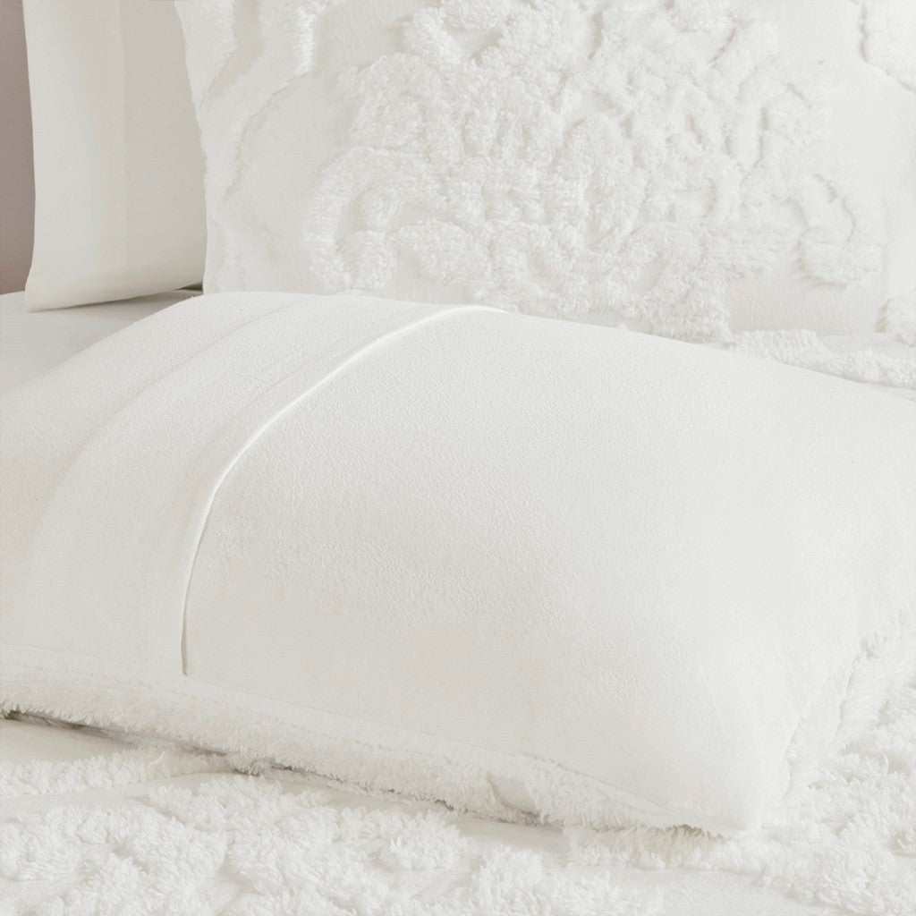 King/Cal King 3 Piece Tufted Cotton Chenille Damask Duvet Cover Set - Off-White