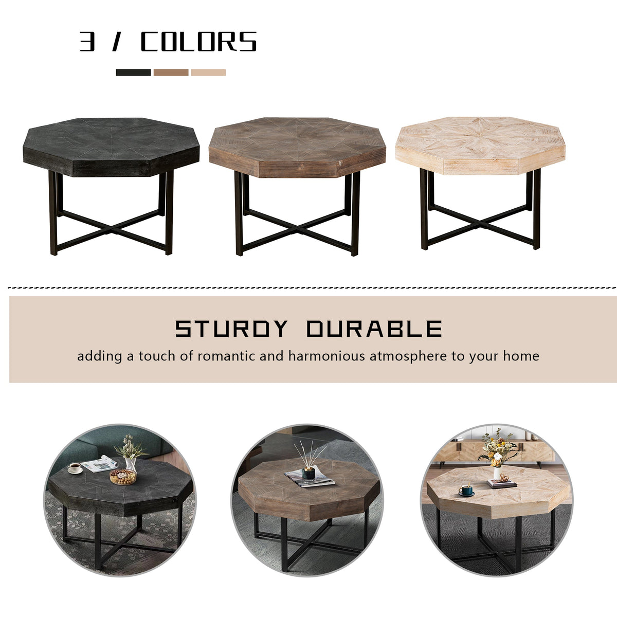 Wood Octagonal Vintage Patchwork Coffee Table with Metal Frame - Antique Brown