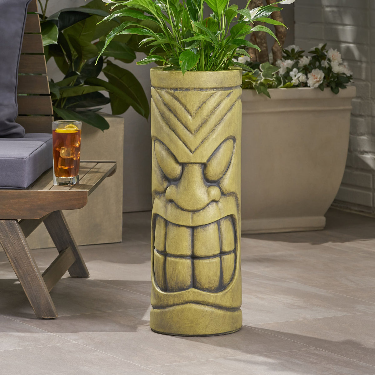 Stone Statue Urn Planter with Tiki Face Design - Antique Green