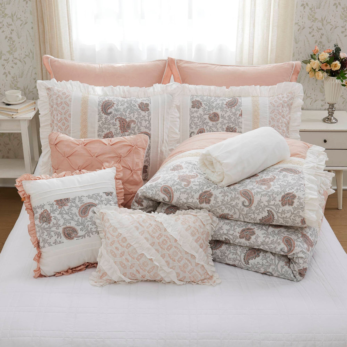 9 Piece Cotton Percale Comforter Set with Decorative Pillows - Blush