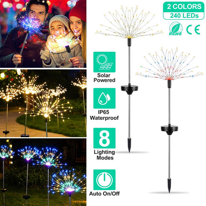 2Pcs Solar Powered Starburst Lights 240 LEDs Firework Lamp Garden Path Decor Lights