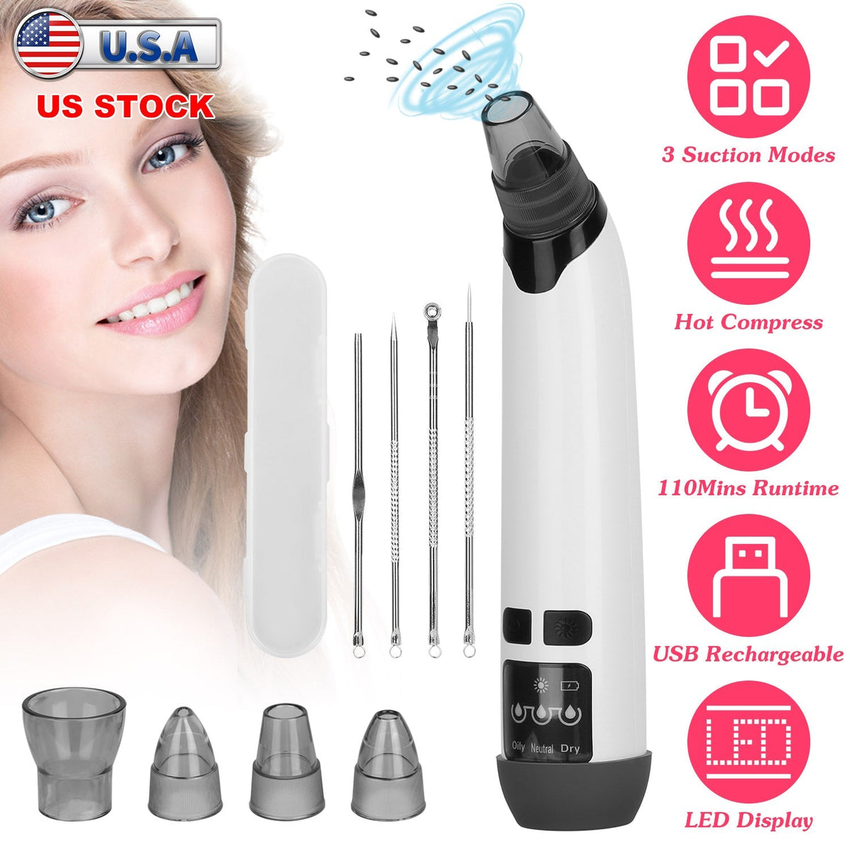 Hot Compress Blackhead Remover Vacuum Electric Pore Extractor Acne Removal Tool with 4 Probes 4 Pimple Popper Tools for All Skins