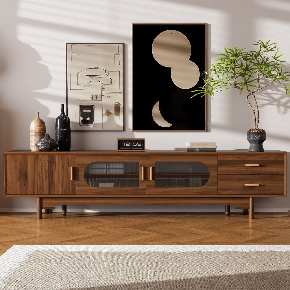 Walnut TV Stand With Fluted Doors and 2 Drawers