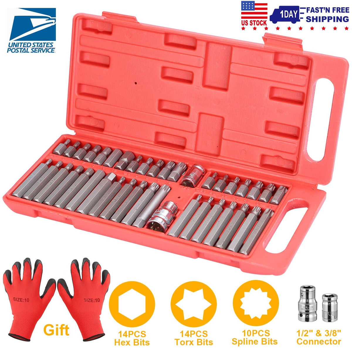 40Pcs Socket Bit Set Hex Torx Spine CRV Combination Bits w/ 3/8"1/2" Drive Free Gloves Case