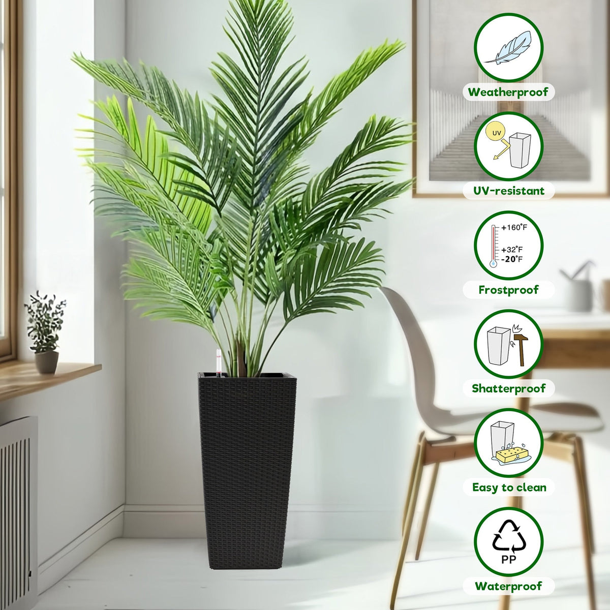 Square Planters with Automatic Watering System - Faux Rattan, Pack of 2