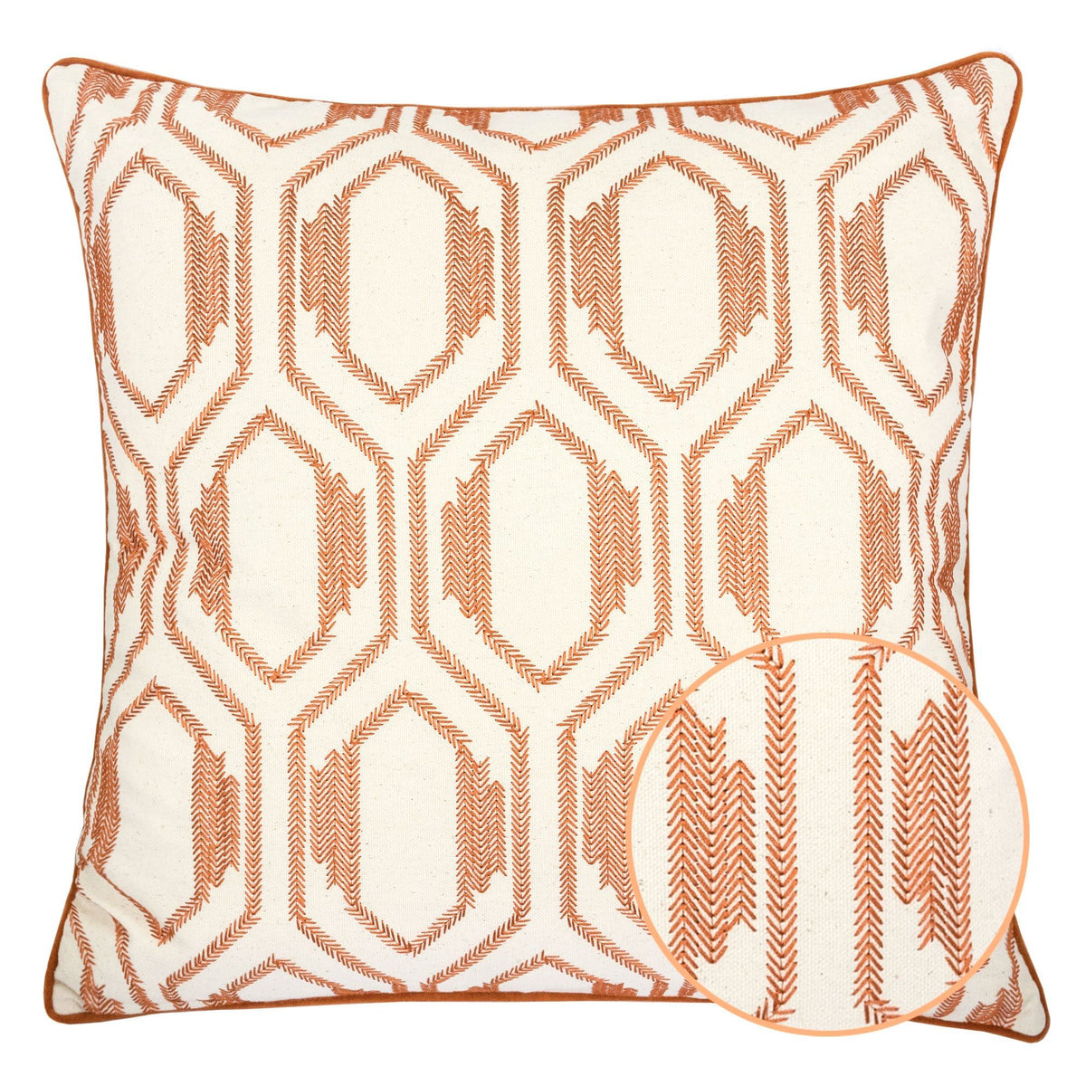 Geometric Embroidered Throw Pillow with Cotton Texture - Rust