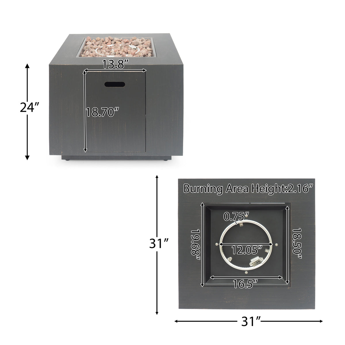 Outdoor Iron Square Propane Fire Pit with 50,000 BTU - Brushed Brown