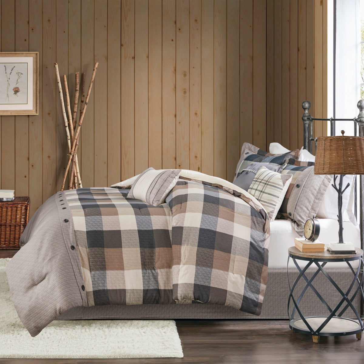Herringbone Comforter Set with Buffalo Plaid - King, Neutral, 7 Piece