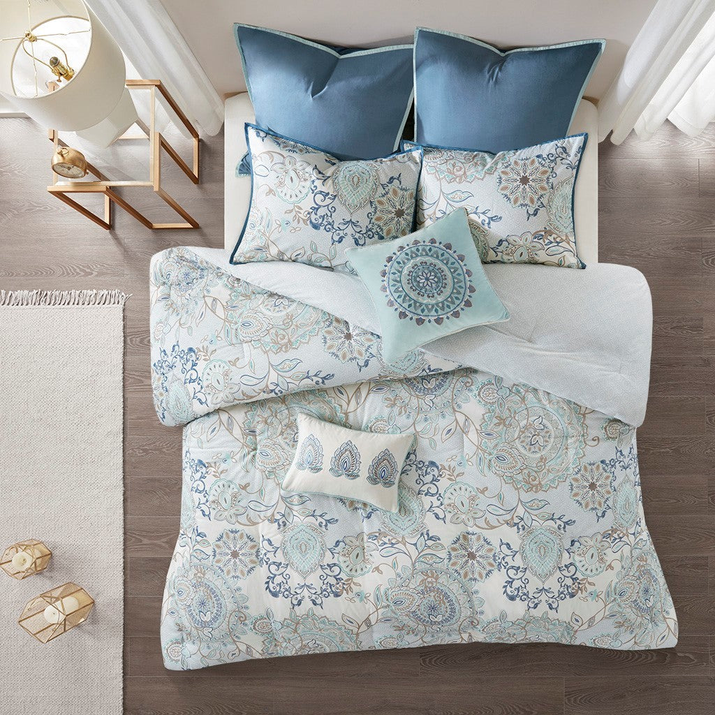 8 Piece Cotton Floral Reversible Comforter Set with Decorative Pillows - Blue