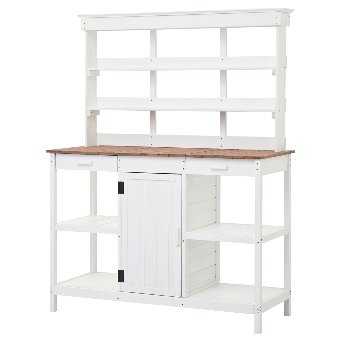 66" Farmhouse Potting Bench Table with Drawers and Shelves - Natural Fir