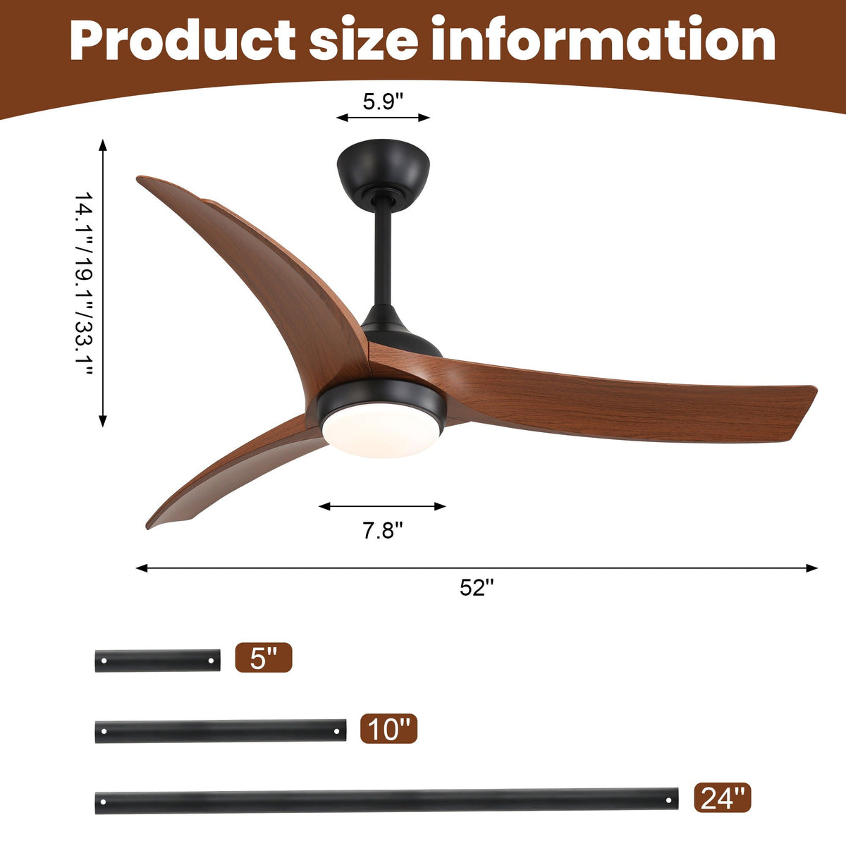 Ceiling Fan With 3 Blades, Remote Control, Dimmable Light - Black