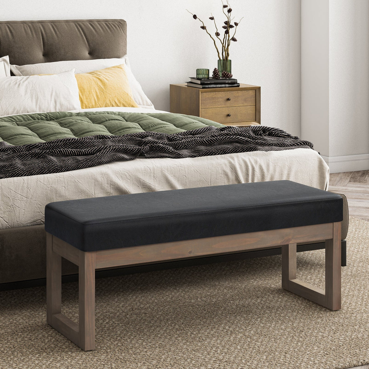 Milltown Large Ottoman Bench with Solid Wood Frame - Midnight Black