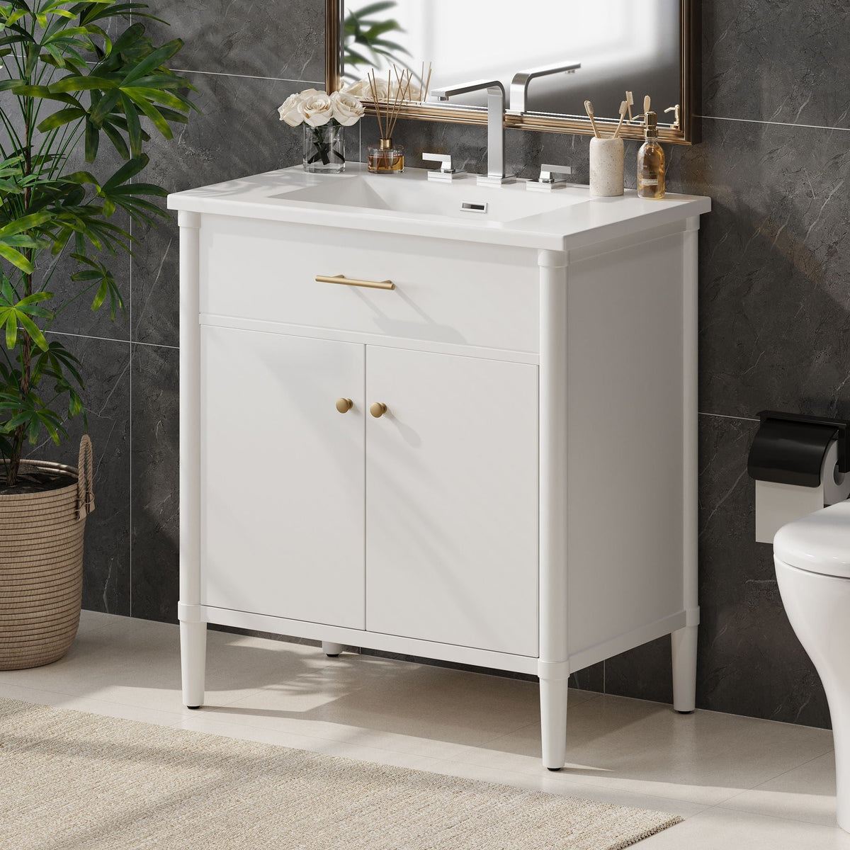 Bathroom Vanity with Sink and Adjustable Shelf - Soft Close Doors - Black, Green, or White