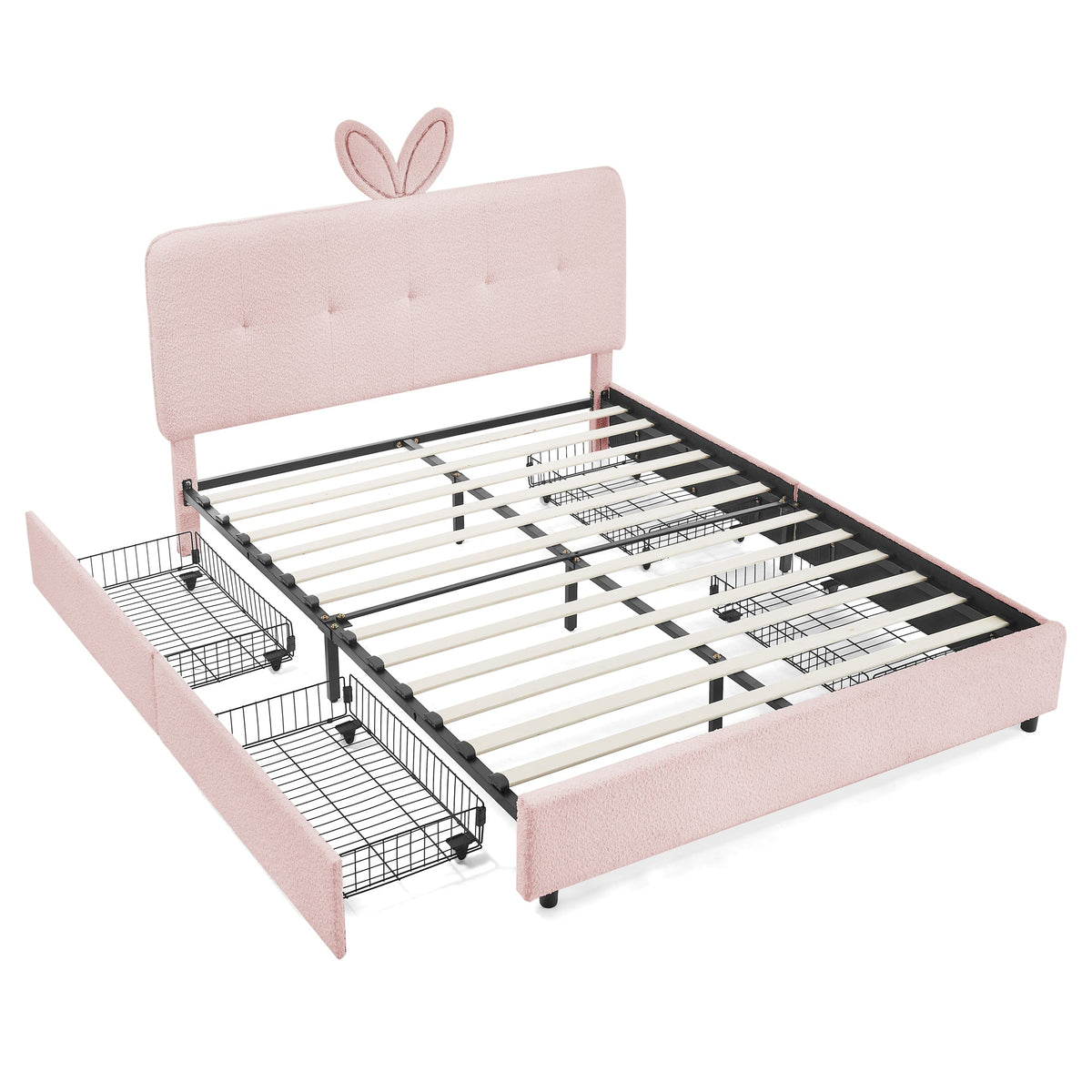 Queen Size Kids Upholstered Bed with Rabbit Ear Headboard & Storage - Boucle