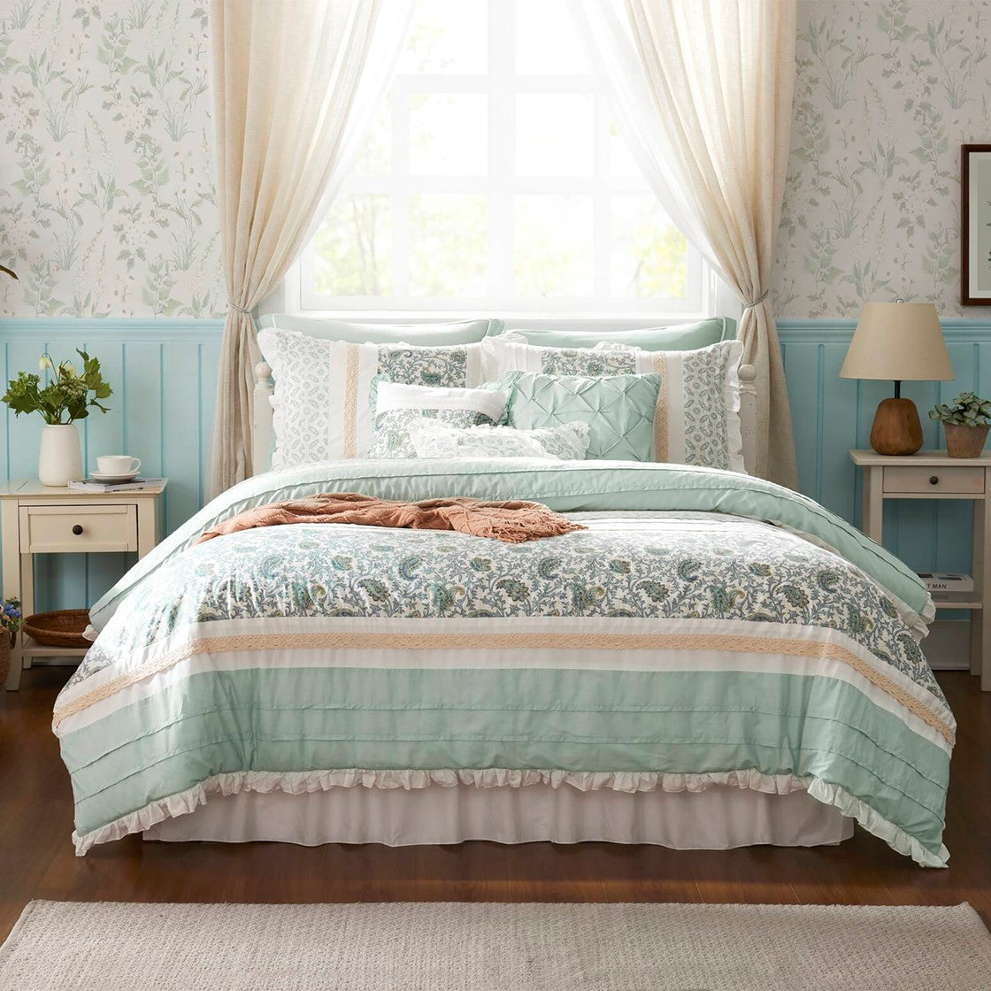 9 Piece Cotton Percale Comforter Set with Decorative Pillows - Aqua