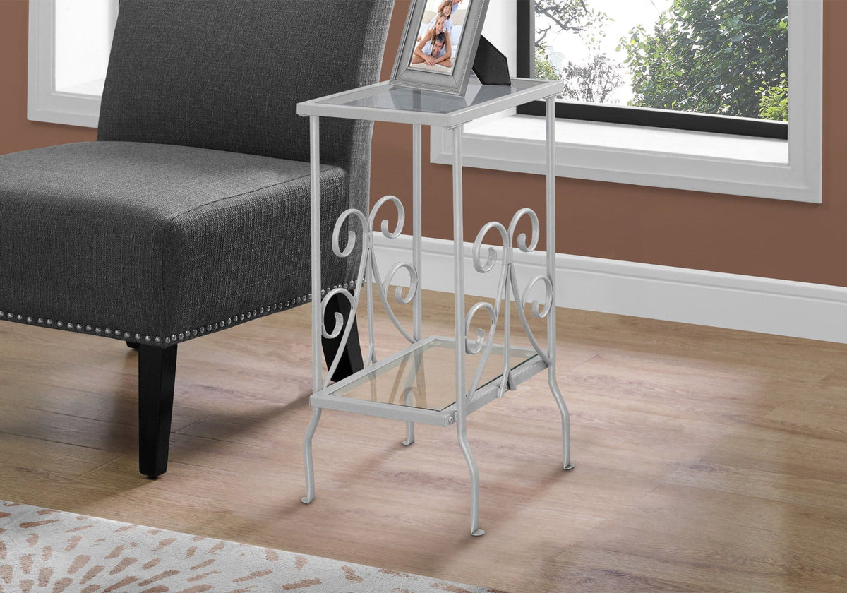 Silver Tempered Glass Accent Table with Two Shelves - Silver
