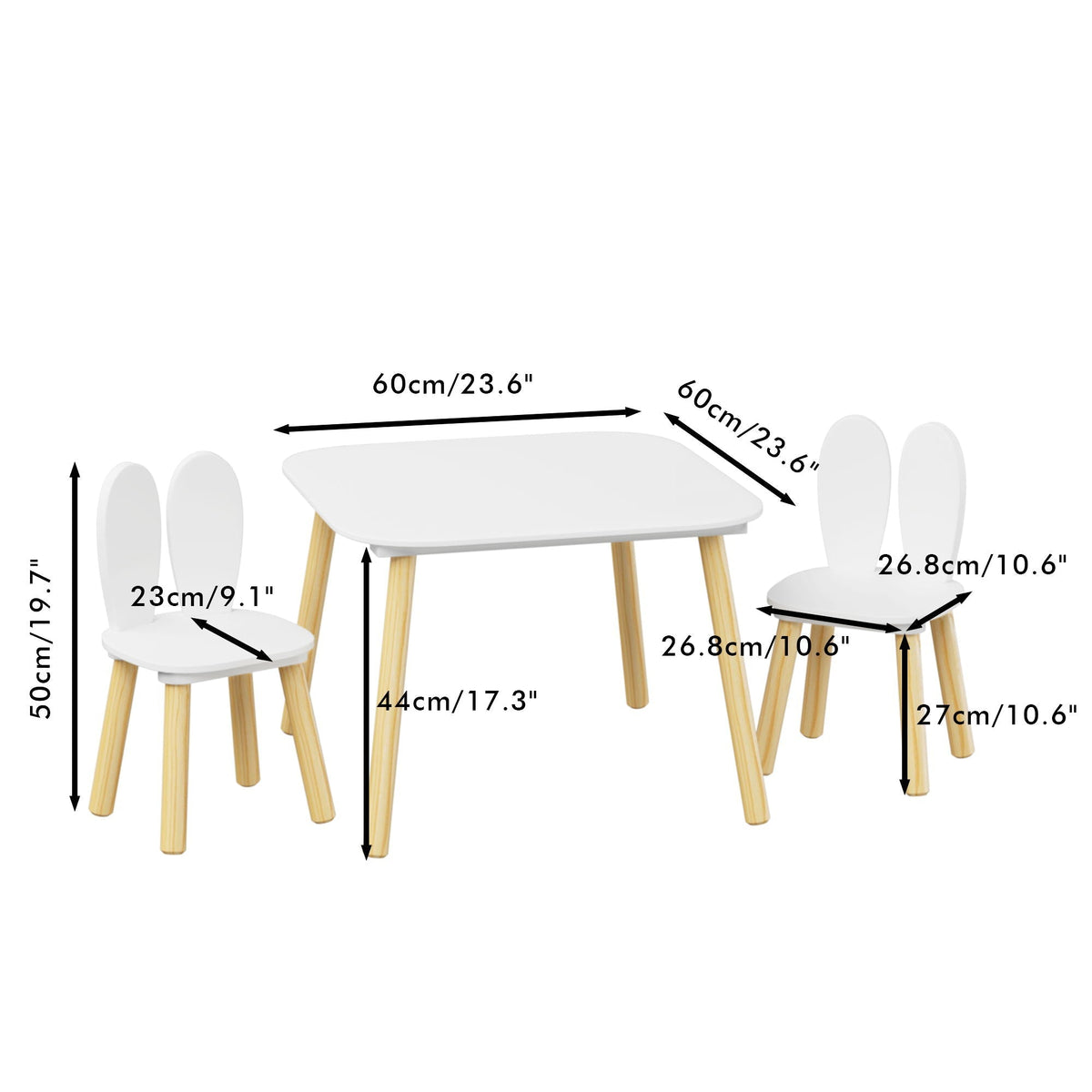 Rabbit Themed Kids Table and 2 Chairs Set with Rounded Corners - White