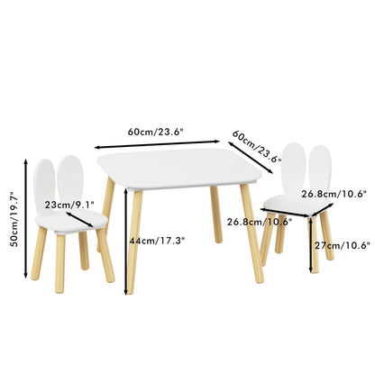 Rabbit Themed Kids Table and 2 Chairs Set with Rounded Corners - White