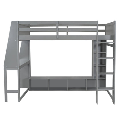 Full Size Gaming Loft Bed with Desk, Storage & LED Lighting - Gray